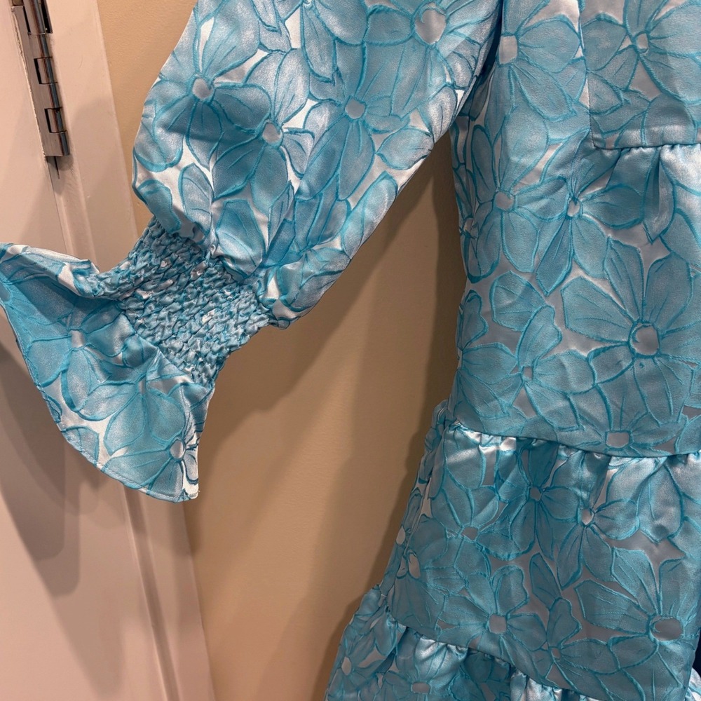 Pomander Place Blue Floral Jacquard Kenzo Tiered Mini Babydoll Dress Medium NEW - Picture 7 of 10